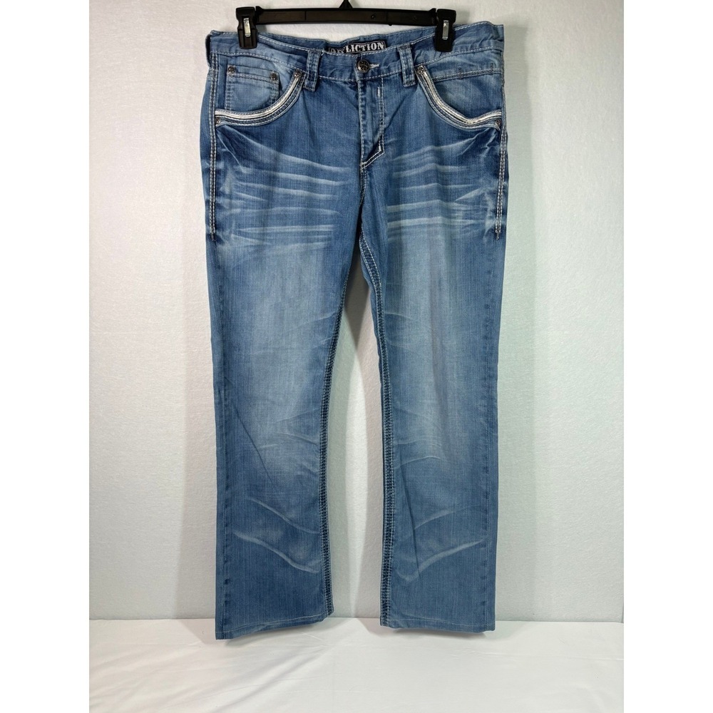 Affliction Black Premium Men Straight Leg Jeans Blue Embroidered Heavy Stitch 36